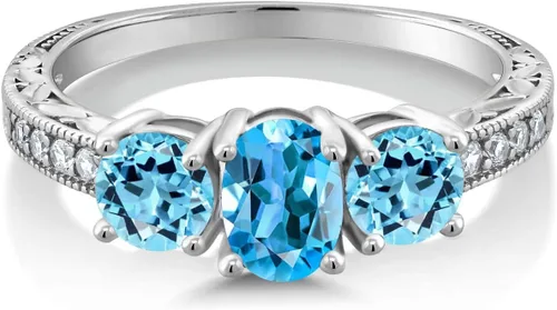 Miniatura 27 de Gem Stone King Anillo de compromiso de 3 piedras preciosas de oro blanco de 10 quilates con piedra natal y diamantes cultivados en laboratorio