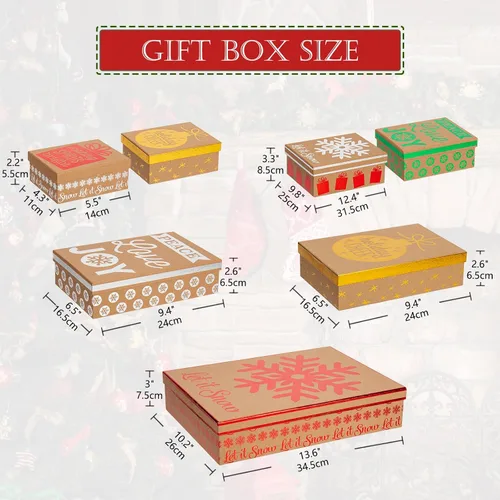 Miniatura 2 de Hollyone - Paquete de 7 cajas de regalo de Navidad de papel de estraza con tapas en diseños surtidos, cajas de envoltorio de regalo de Navidad