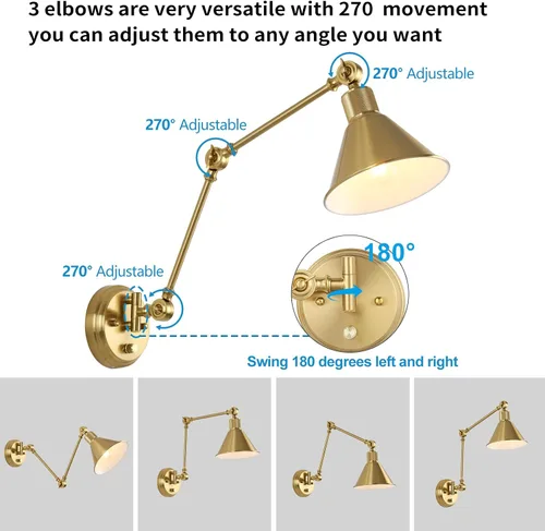 Miniatura 5 de TRLIFE Aplique de pared con control remoto, apliques de pared de latón cepillado enchufables, regulables y con temperatura de color ajustable Dorado