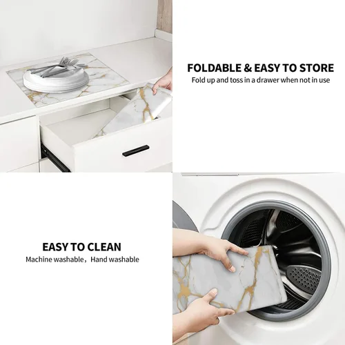 Miniatura 7 de Tapete de secado de platos de mármol blanco dorado para encimera de cocina, absorbente de 16 x 18 pulgadas, placa de microfibra de vidrio