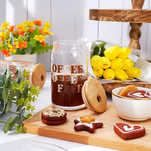 Miniatura 6 de Whaline Juego de 4 vasos para beber con tapas de bambú y popote de vidrio, taza de vidrio en forma de lata de 16 onzas, vaso de café helado, ideal