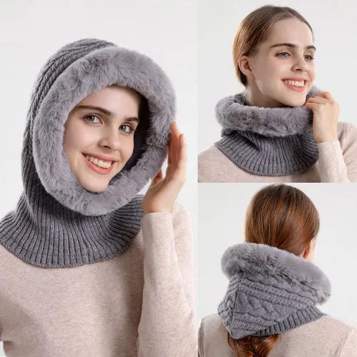 Miniatura 2 de YEKEYI Sombreros de invierno para mujer, bufanda, gorro de forro polar, bufanda, máscara cálida con capucha para invierno, pasamontañas, suéter