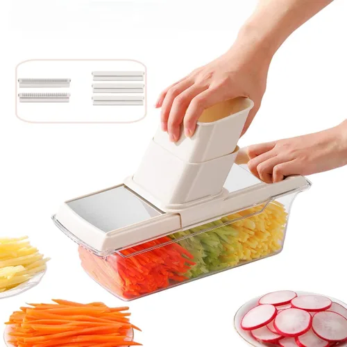 Cortador de verduras, tabla de cortar alimentos 5 en 1 con cesta de drenaje y 5 cuchillas de acero inoxidable, cortador de mandolina para ensalada,