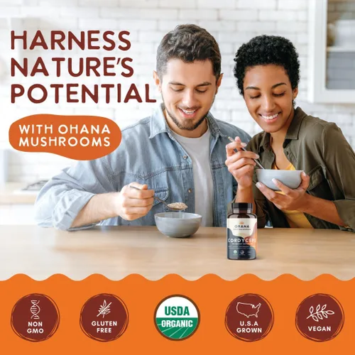 Miniatura 6 de Ohana Cordyceps, mezcla de hongos orgánicos, suplemento orgánico de hongos integrales USDA, sin OMG, sin gluten, botella de 90 cápsulas, paquete de 1