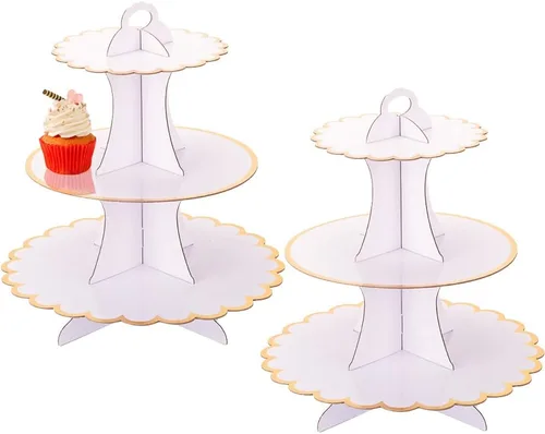 Miniatura 12 de MRPAPA Paquete de 2 soportes de cartón para cupcakes, bandeja de postre de 3 niveles, soporte de papel desechable, mini soporte para tartas