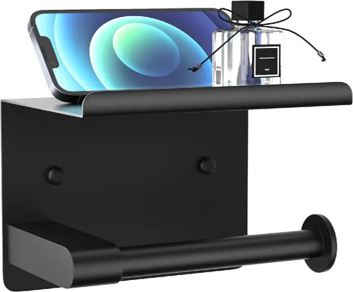 GLNLQ Soporte de papel higiénico negro mate con estante, se adapta a Mega Rollos, acero inoxidable a prueba de óxido, soporte de rollo de papel