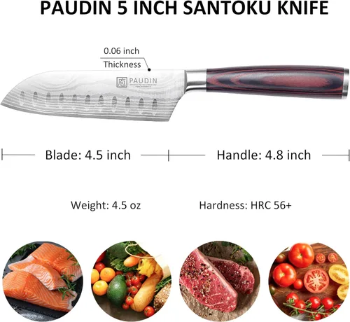 Miniatura 2 de PAUDIN - Cuchillo Santoku, cuchillo de chef de 5 pulgadas, cuchillo de cocina ultra afilado, cuchillo de chef japonés con funda, acero inoxidable