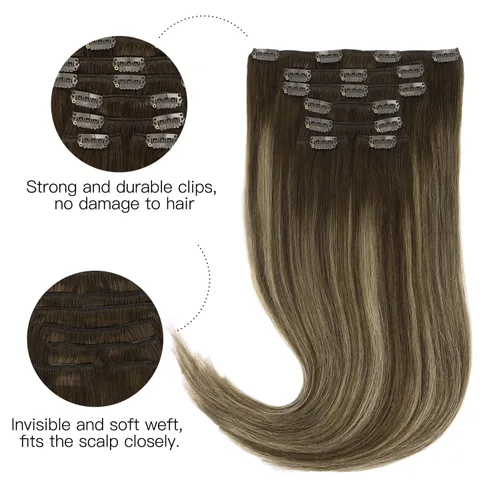Miniatura 3 de HOTBANANA - Extensiones de cabello humano con pinzas, balayage, color castaño chocolate con rubio miel, 4.23 onzas, cabello humano real, lacio