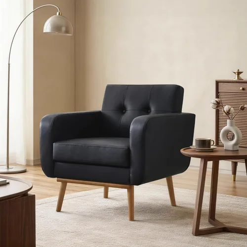 HUIMO Leather Accent Chair, Button Tufted Living Room Chairs Easy to Install, Upholstered Arm Chair for Living Room Bedroom Study Office (1, Black