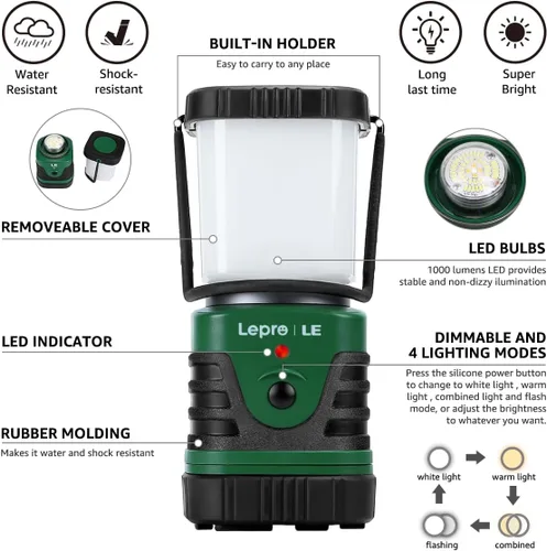 Miniatura 9 de LE farol led portátil para camping de 500 lúmenes, 3 modos, a batería, lámpara impermeable IPX4 para senderismo, pesca, para interiores, exteriores