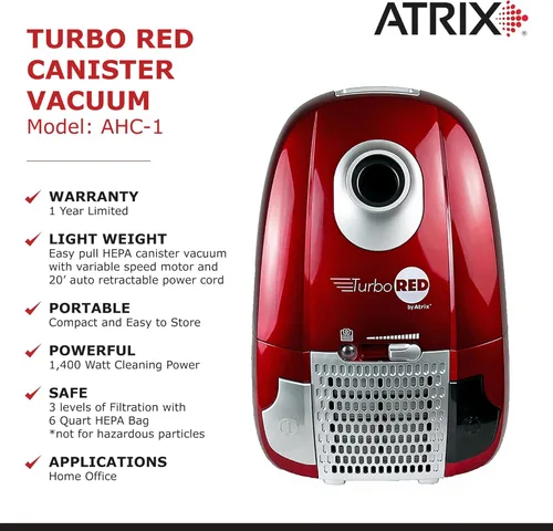 Miniatura 5 de Atrix Turbo Red AHC-1 HEPA - Potente motor de velocidad variable de 1,400 W, diseño ligero de bolsa de 6 cuartos de galón, filtración de 3 etapas