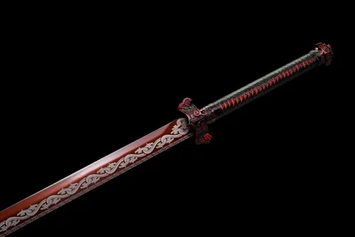 Miniatura 9 de Espada china de acero de alto carbono SJ SHI JIAN dinastía Tang Dao hoja recta con patrón de dragón funda Rojo