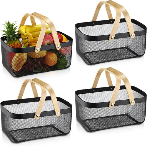 Miniatura 9 de Sadnyy 2 cestas de almacenamiento de alambre de metal negro con asa de malla para cosecha de verduras, frutas y juguetes, para organización
