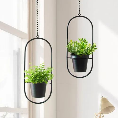 Miniatura 2 de Macetas colgantes modernas para plantas de interior, colgador de plantas de metal con macetas de 5 pulgadas, juego de 2 soportes negros ovalados