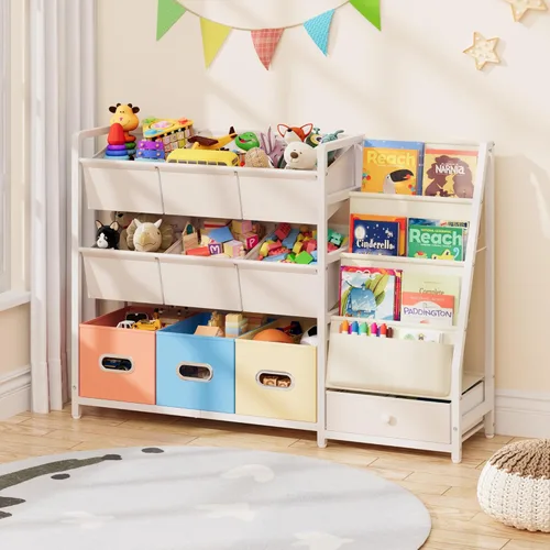 HAVLOTII Organizador de almacenamiento de juguetes, estantería para niños y almacenamiento de juguetes con 3 estantes para libros y 10 contenedores