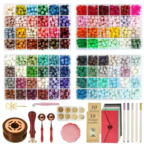 Miniatura 9 de Kit de sellos de cera con caja de regalo, 48 colores, 1200 piezas de cuentas de cera de sellado con 2 piezas de sellos, calentador, cuchara