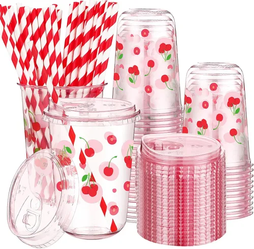 LemonRoad Juego de 50 vasos de plástico transparente de cereza con tapas y pajitas, vasos de fiesta de 16 onzas rosadas para café helado, batidos,