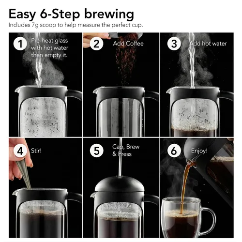 Miniatura 9 de OVENTE Cafetera de prensa francesa de 12 onzas con vidrio de borosilicato resistente al calor y sistema de filtración de acero inoxidable de 4