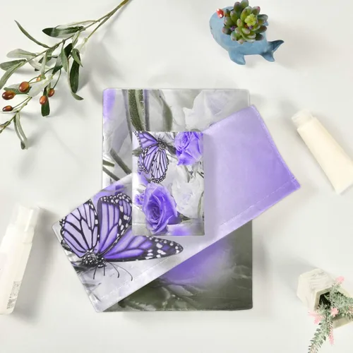 Miniatura 5 de ALAZA Juego de 3 toallas de baño de flores de iris de mariposa morada, 1 toalla de baño, 1 toalla de mano, 1 toallita decorativa, suave, de lujo