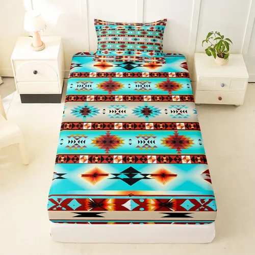 Miniatura 42 de Juego de ropa de cama de estilo bohemio occidental, tamaño individual, diseño de vaca atrapasueños, sábana bajera ajustable del suroeste, tribu