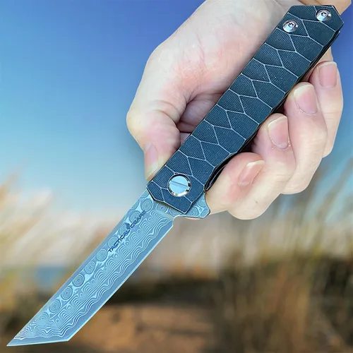 Miniatura 2 de Cuchillo plegable de bolsillo de Damasco, mango de titanio sólido Tc4, hoja Tanto de acero Damasco VG10 multicapa de 67 capas (Saint DXT)