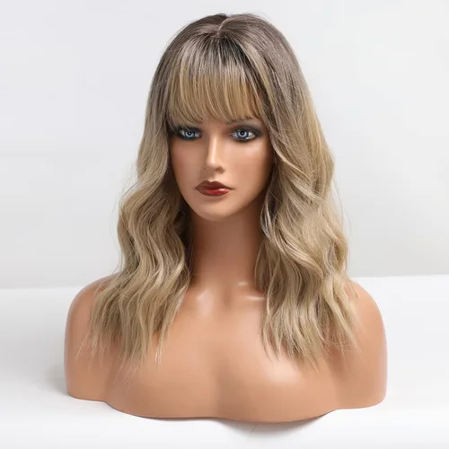 Miniatura 8 de HAIRCUBE Pelucas de color marrón a rubio con flequillo, pelucas sintéticas de cabello rizado, pelucas de cabello largo ondulado natural resistente