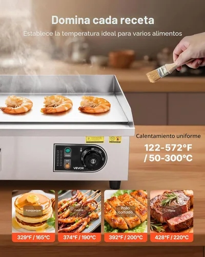 Miniatura 4 de VEVOR Plancha eléctrica comercial, 21 x 11.8 pulgadas, 1750 W, control de temperatura ajustable de 122-570 °F, parrilla superior plana de acero