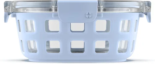 Ello Duraglass - Recipiente de vidrio para preparación de comidas, 4 tazas, con funda de silicona y tapa de plástico hermética sin BPA, apto para 4
