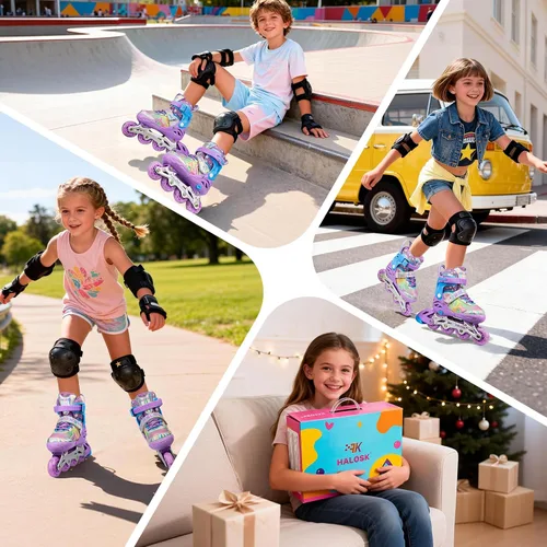 Miniatura 6 de Patines en línea para niñas y niños con ruedas iluminadas, patines de hoja ajustable, estrella de purpurina degradada con forro cómodo transpirable