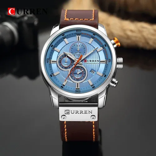 Miniatura 4 de Reloj deportivo con cronógrafo para hombre, correa de cuero marrón, reloj de cuarzo, reloj de pulsera casual para hombre, Completo negroacero.