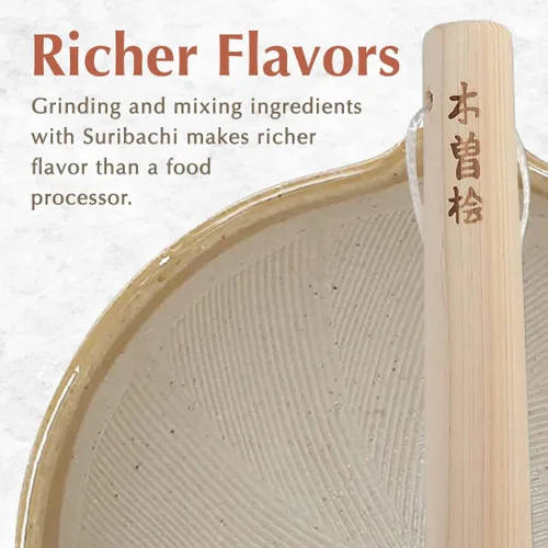 Miniatura 2 de TIKUSAN Juego de mortero y mortero de cerámica Ripple Ridge (Suribachi y Surikogi) con boquilla fabricada en Japón Mino Ware (M, marrón)