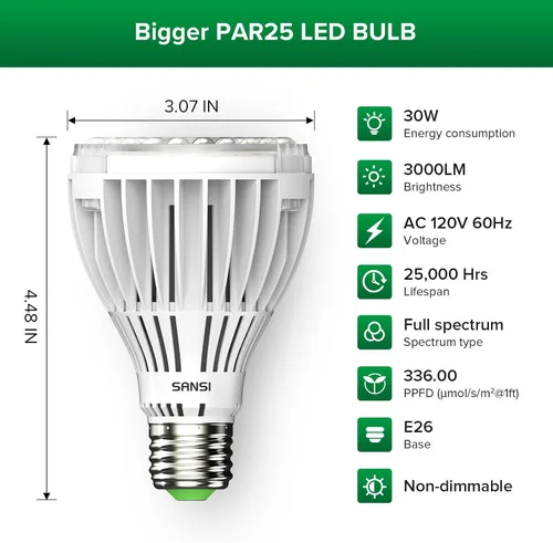Miniatura 2 de Bombilla de cultivo LED equivalente a 250W SANSI, PAR25 30W 5000K+660nm Bombilla de cultivo de espectro completo para plantas de interior, 25,000