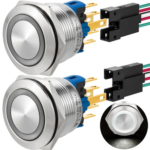 Miniatura 11 de 2 interruptores de botón de cierre de 0.866 in, 7/8 pulgadas, 110 V-120 V, SPDT, interruptor de encendido y apagado, impermeable, IP67, acero Azul