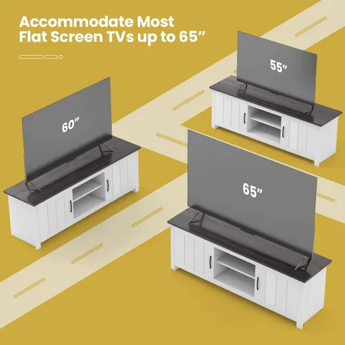 Miniatura 7 de Tangkula Soporte de TV de 2 puertas para televisores de hasta 65 pulgadas, mesa consola de TV de 57 pulgadas con 2 gabinetes y estantes abiertos