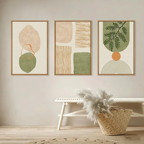 Miniatura 9 de Celestdeco Juego de arte de pared en lienzo abstracto y neutro grande con marco naranja, moderno y minimalista para pared, diseño geométrico bohemio