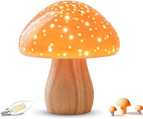 BOHON Lámpara de Hongo, Lámpara de Mesa de Cerámica para Mesita de Noche del Dormitorio, Luz Nocturna Naranja Vintage Retro, Lámpara Estética