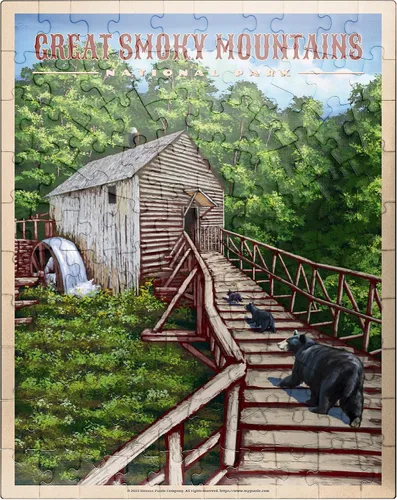 MyPuzzle Great Smoky Mountains National Park - Enchanted Mill Among Smoky Highlands - Póster de viaje vintage - Rompecabezas de 100 piezas para