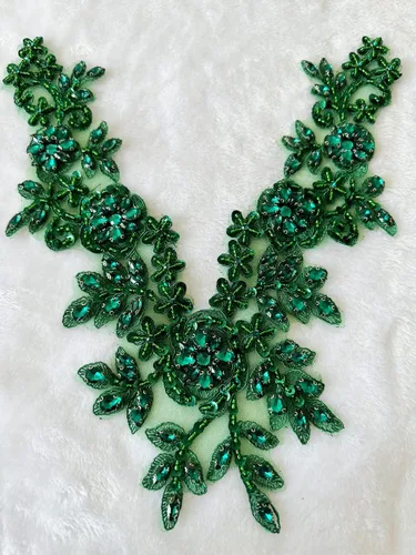 Miniatura 4 de Piedras de imitación hechas a mano apliques de encaje cuentas de costura a mano Trim Parches Accesorios para vestido escote (verde profundo)