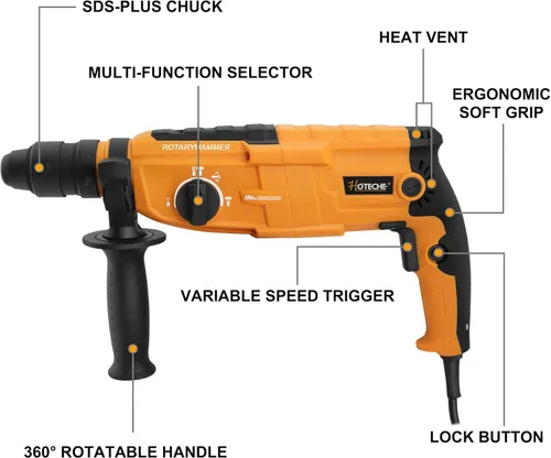 Miniatura 3 de Hoteche Taladro Martillo Rotativo 3 en 1 de 1 Pulgada SDS Plus Martillo Eléctrico 6.7-Amp/800W Velocidad Variable con Cable Taladro Martillo