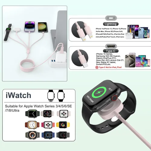 Miniatura 4 de Cable de carga 4 en 2 iWatch para reloj y iPhone, cable de carga de 6 pies/5.9 ft, combo de cargador para iPhone y reloj, cable de carga múltiple