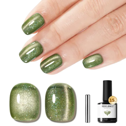 Miniatura 55 de Modelones Esmalte de uñas de gel ojo de gato arco iris con lentejuelas plateadas holográficas, esmalte de uñas de gel 9D con barra magnética, apto