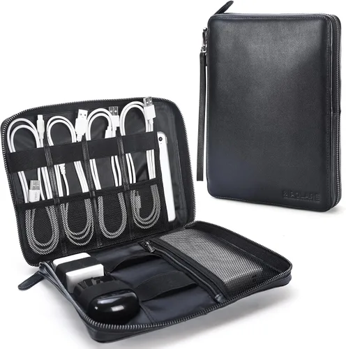 Miniatura 10 de Polare - Organizador de cables de viaje de cuero de grano completo, bolsa de transporte para accesorios electrónicos con cremalleras YKK, bolsa