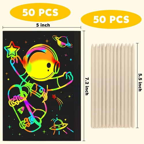 Miniatura 9 de ZMLM Juego de 100 piezas de papel de arte de arco iris para rascar, kit de suministros de manualidades mágicos para niños, niñas, niños, hojas