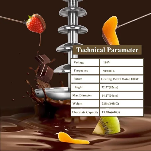 Miniatura 5 de Máquina de fuente de chocolate para fiesta, 6 niveles, acero inoxidable, fuente de chocolate caliente, fuente de cascada, fuente de fondue