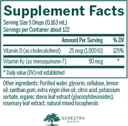 Miniatura 2 de Genestra Brands D3 K2 Mulsion - Vitaminas líquidas para la salud ósea, limón natural, 122 porciones