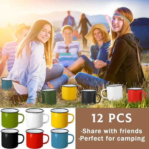 Miniatura 7 de Yinder Paquete de 12 tazas de café esmaltadas de 12 onzas con asa, tazas de café portátiles para campamento, tazas de metal vintage a granel
