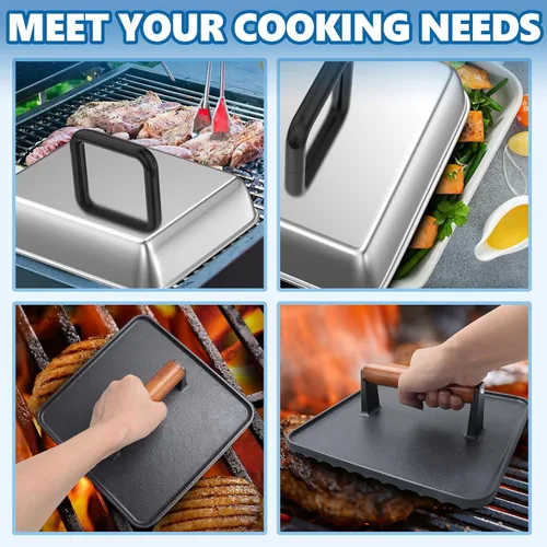 Miniatura 9 de SafBbcue Cubierta Domer Rectangular de Acero Inoxidable de 14" para Derretir Queso y Cobertura de Rociado & Plancha Rectangular de Hierro Fundido