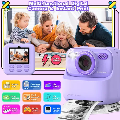 Miniatura 2 de masterbee Cámara para niños con impresión instantánea, regalos de cumpleaños para niñas y niños, juguetes de cámara digital para niños, video HD