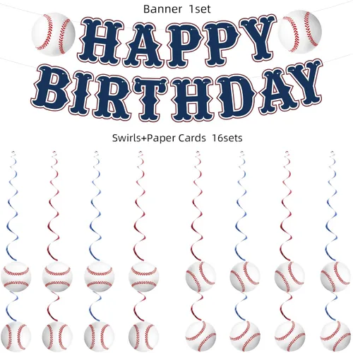 Miniatura 6 de KORHONEN Decoraciones de fiesta de cumpleaños de béisbol, pancarta de feliz cumpleaños y espirales colgantes para decoraciones de fiesta temática