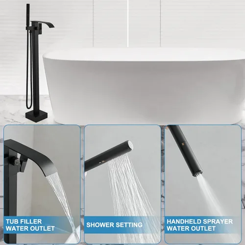 Miniatura 2 de RUMOSE Grifo Llenador de Bañera Independiente Grifo de Bañera Negro Mate Montaje en Piso Grifo de Bañera Cascada Independiente Llenador de Bañera